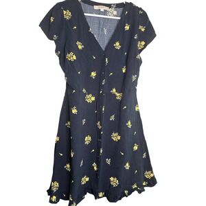 LOFT Navy Blue Yellow Floral Ruffle Dress MEDIUM/8 Cottagecore Teadress Sundress